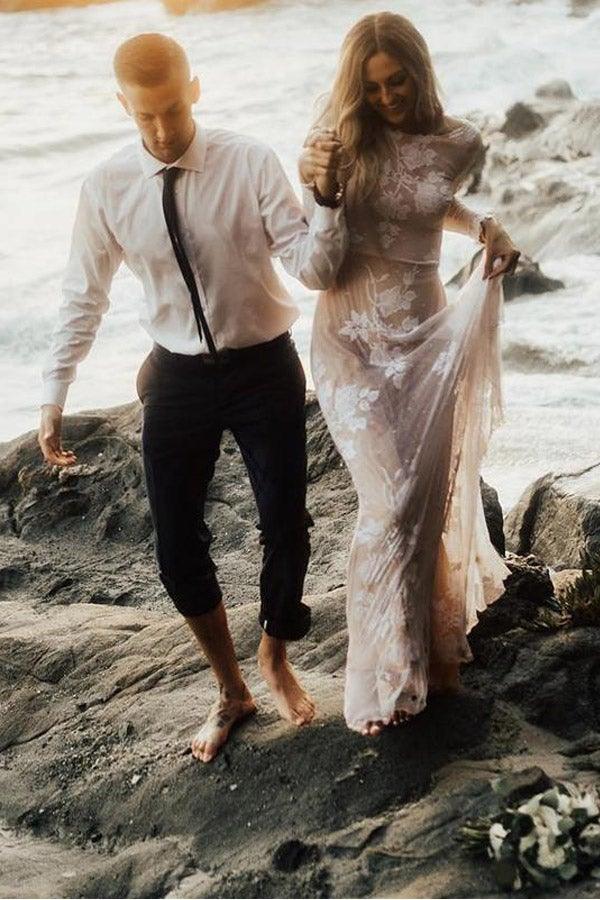 Charming Bateau Lace Long Sleeves Beach Wedding Dress WD436