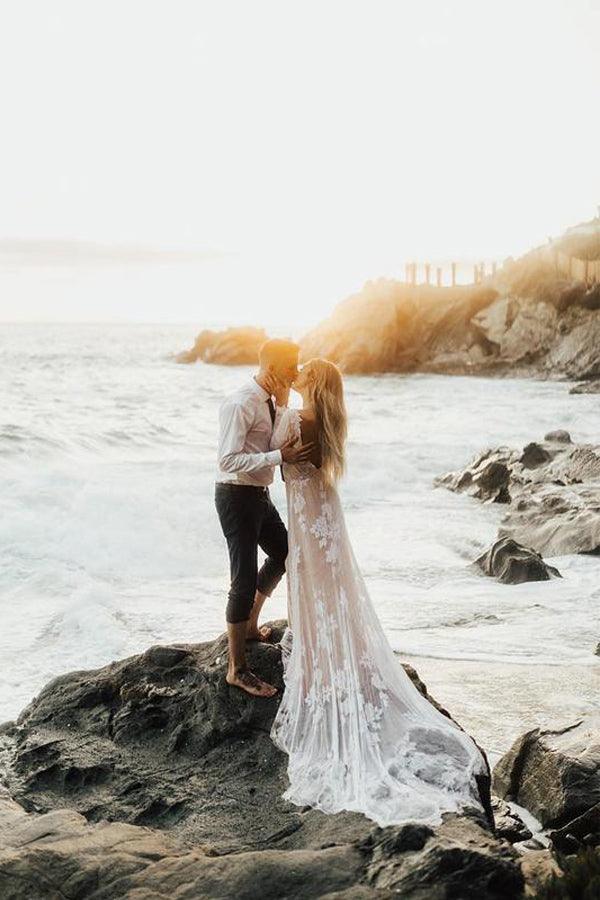 Charming Bateau Lace Long Sleeves Beach Wedding Dress WD436