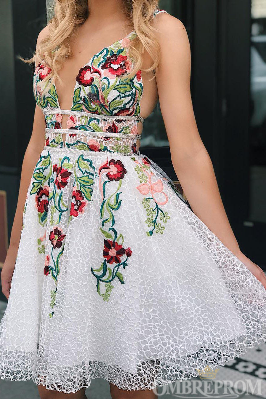 Charming V Neck Lace Short Prom Dresses with Embroidery