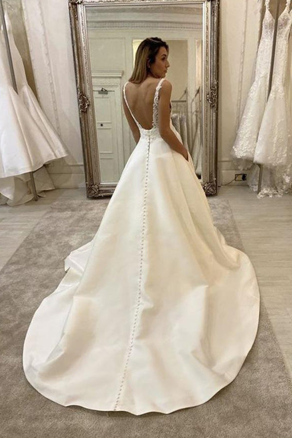 Vestidos de novia de encaje con escote en V baratos online, vestidos de novia únicos y económicos, MW495