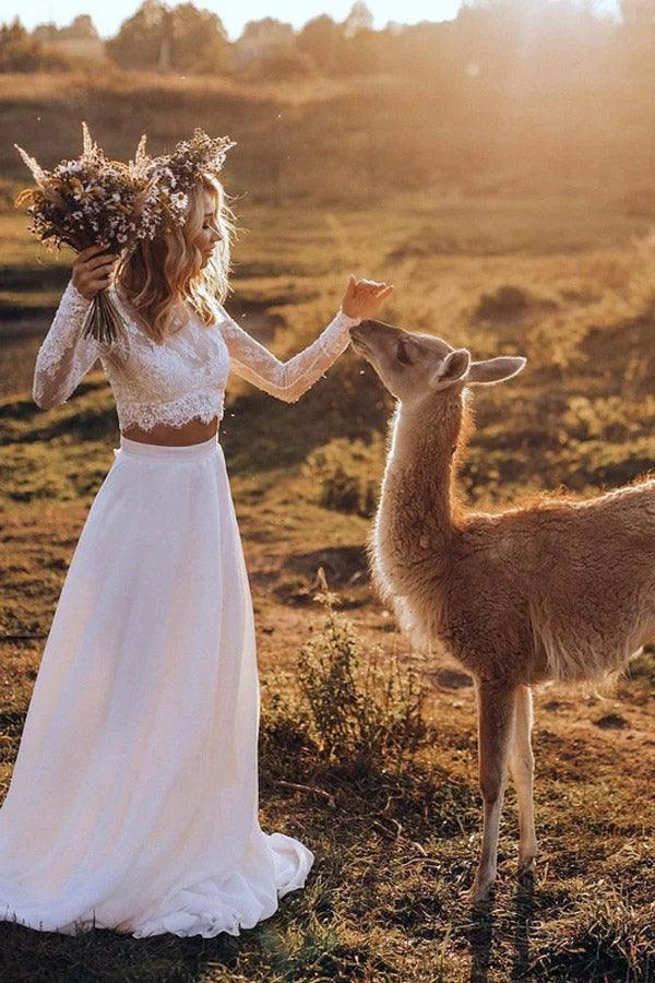 Chiffon Two Pieces Wedding Dresses A-line Long Sleeves Bridal Gown WD553