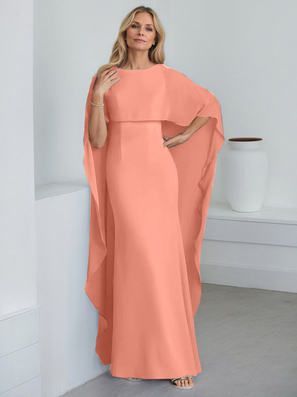 Bodenlanges Etui-Kleid aus Chiffon mit U-Ausschnitt und kaskadierenden Rüschen