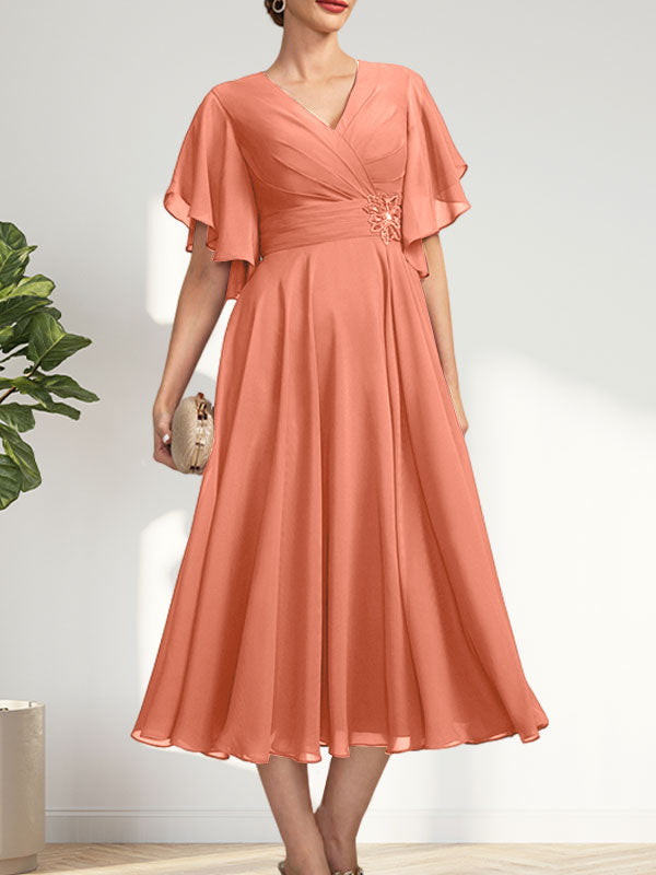 A-line V-Neck Tea-Length Chiffon Mother of the Bride Dress With Pleated Beading