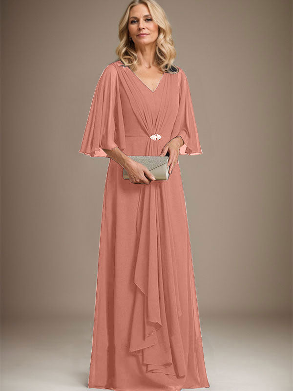 A-line V-Neck Floor-Length Chiffon Mother of the Bride Dress With Cascading Ruffles Crystal Brooch