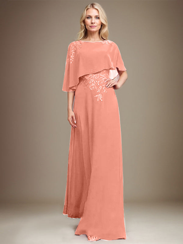 A-Linie U-Ausschnitt Bodenlang Chiffon Spitze Kleid für die Brautmutter mit Pailletten und Perlen