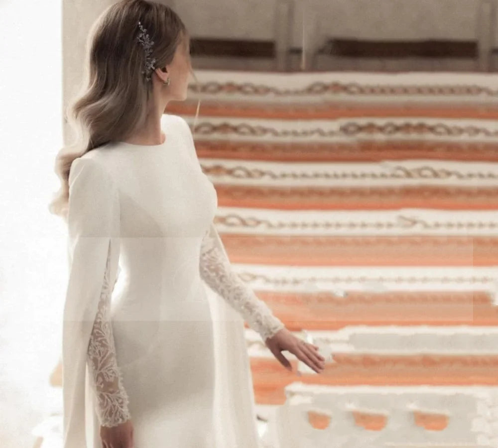 Classic Satin Lace A Line Wedding Dress For Woman 2024 O Neck Long Sleeve With Jacket Party Dresses Simple Elegant White Robe-payinti