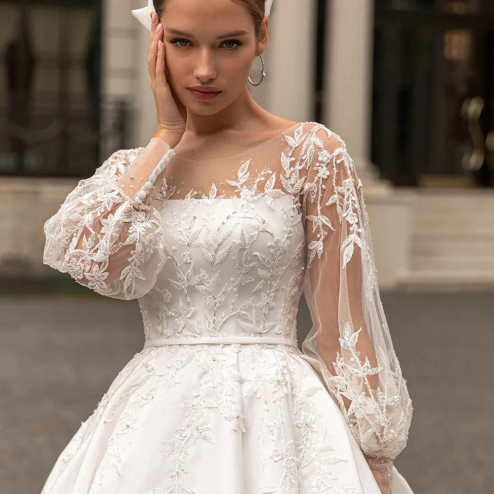 Classic Wedding Dresses Women O-Neck Full Sleeves Bride Dress Satin With Applique Sweep Train A-Line Custom Occasion Gowns-payinti