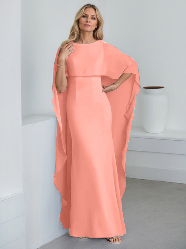 Bodenlanges Etui-Kleid aus Chiffon mit U-Ausschnitt und kaskadierenden Rüschen