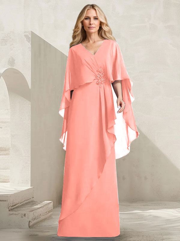 A-line V-Neck Floor-Length Chiffon Mother of the Bride Dress With Cascading Ruffles Beading