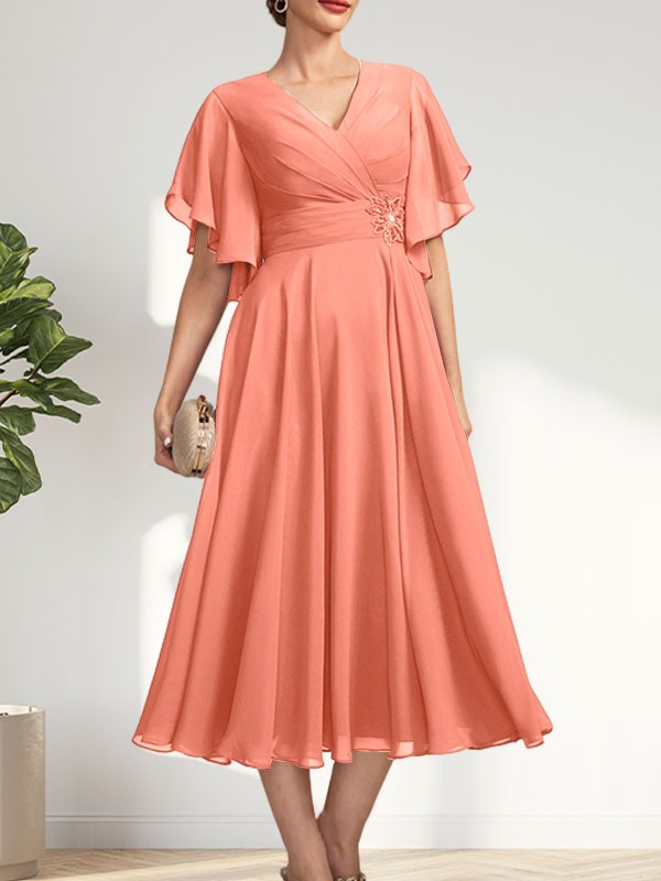 A-line V-Neck Tea-Length Chiffon Mother of the Bride Dress With Pleated Beading