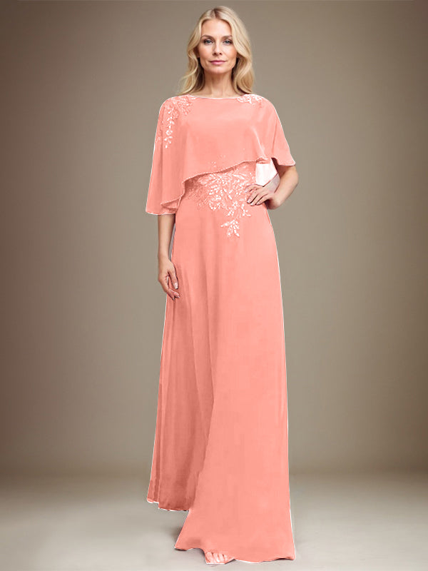 A-Linie U-Ausschnitt Bodenlang Chiffon Spitze Kleid für die Brautmutter mit Pailletten und Perlen