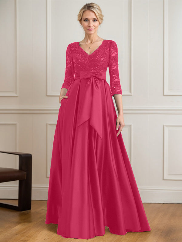 A-Linie V-Ausschnitt Bodenlanges Satin-Spitzenkleid für die Brautmutter mit Paillettenschleife