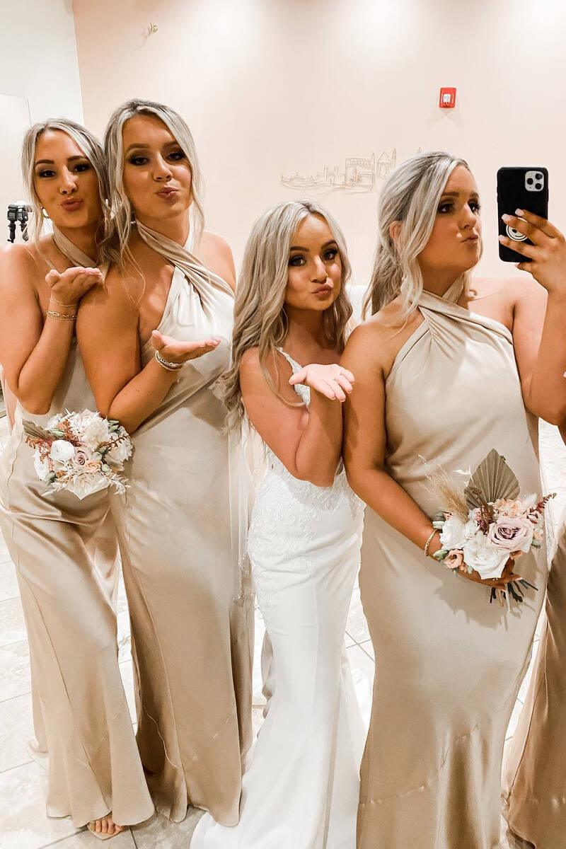 Cross Front Halter Champagne Floor Length Bridesmaid Dress BD098