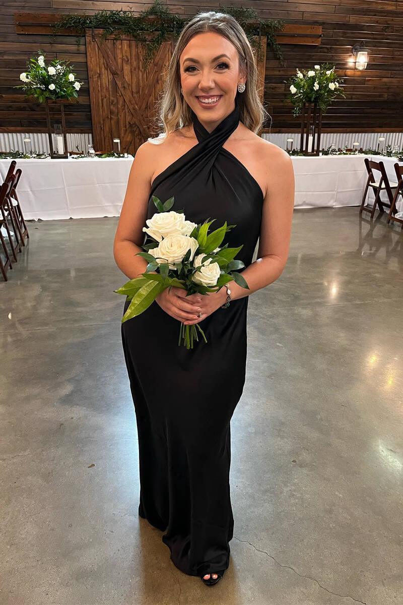 Cross Front Halter Champagne Floor Length Bridesmaid Dress BD098