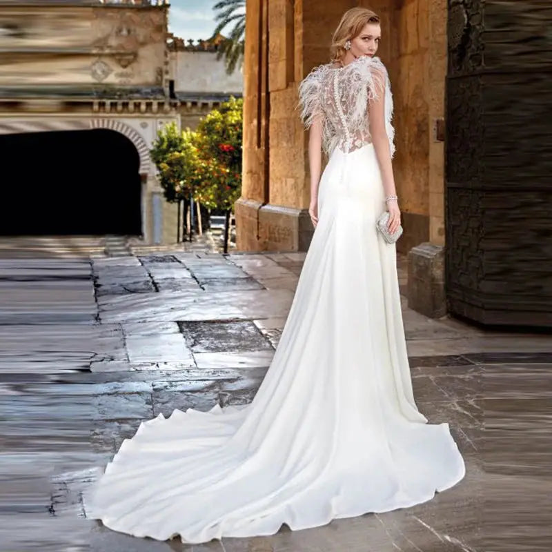 Custom Made Feather Mermaid Elegant V-neck Sleeveless Stain Wedding Dress Vestido De Novia Bridal Gown For Women-payinti