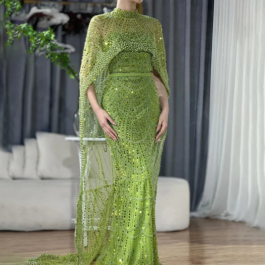 Vestidos de noche de lujo Arabia con capa larga de sirena color piel 2025 para ocasiones formales LA72032