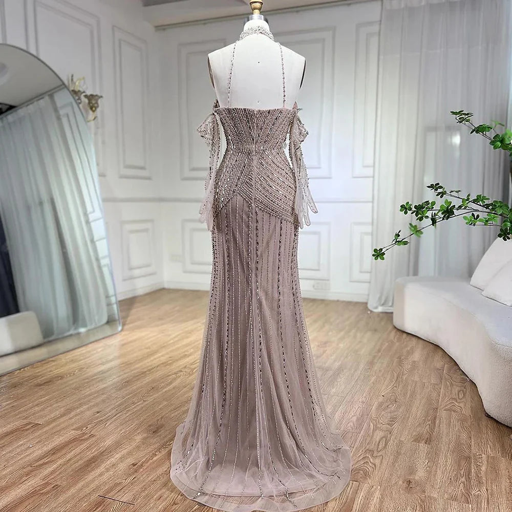 Vestidos de noche elegantes de sirena color caramelo, sin mangas, con cuello halter y guantes, con cuentas, 2025, LA72232