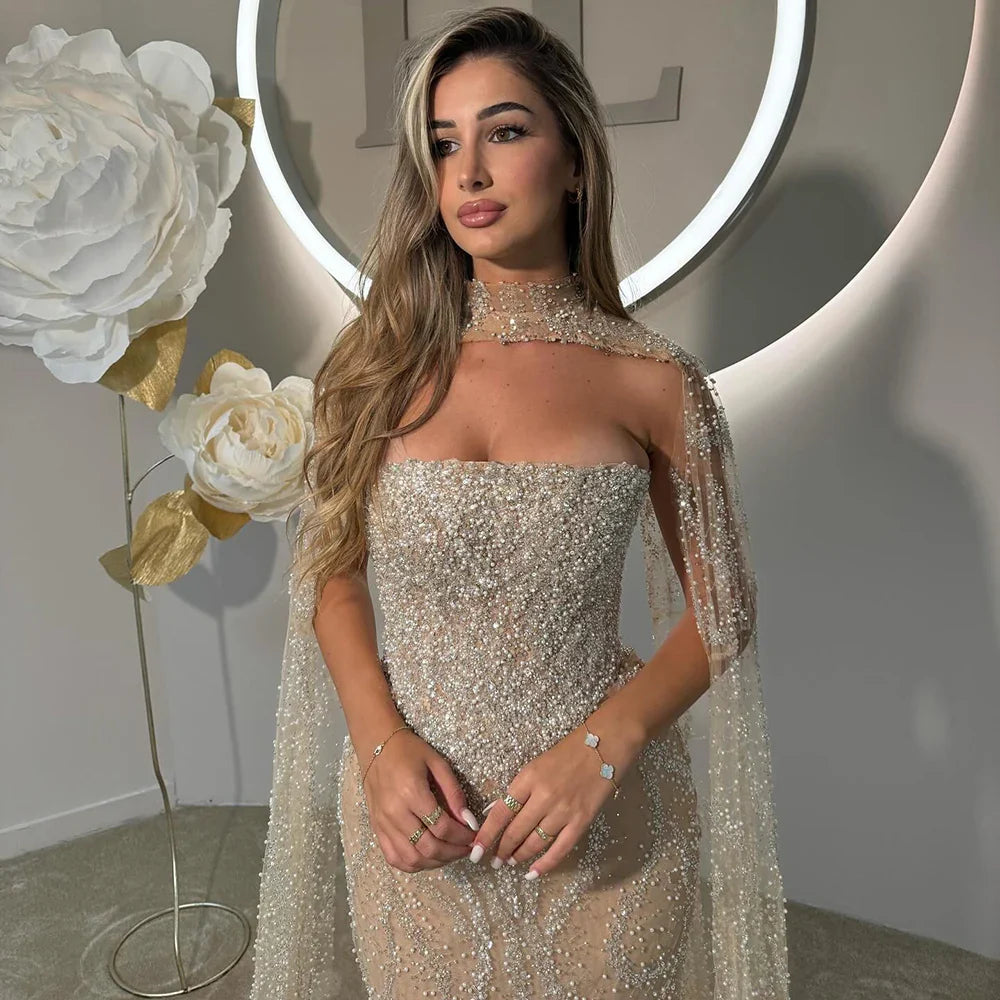 Vestidos de noche de sirena color piel con mangas capa desmontables y espalda con cordones para ocasiones formales LA72824