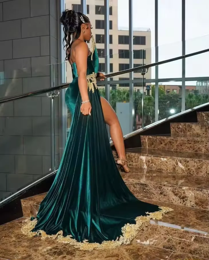 Vestido de noche sexy de terciopelo verde con apliques dorados y abertura con cuentas, vestido de cumpleaños para niña Y8122