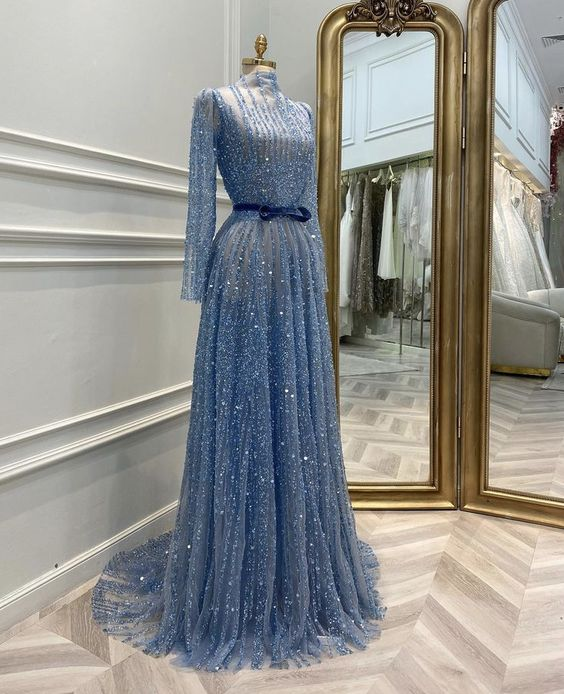 Lujoso vestido de noche de corte A con mangas largas, vestido glamuroso Y5829