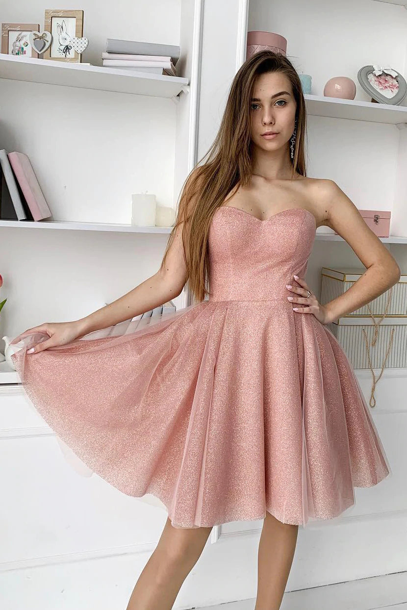 Vestidos de fiesta de bienvenida sin tirantes, con escote en forma de corazón, color rosa empolvado y corte A