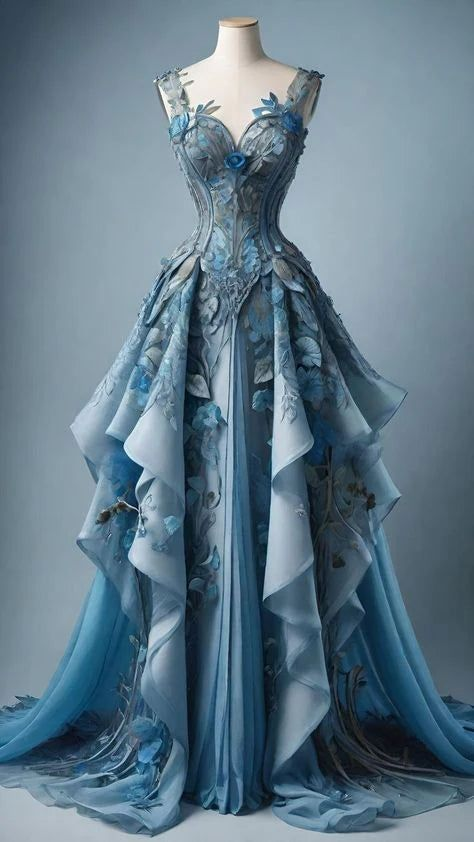 Vestido de noche largo elegante de gasa azul con apliques y volantes Y8385