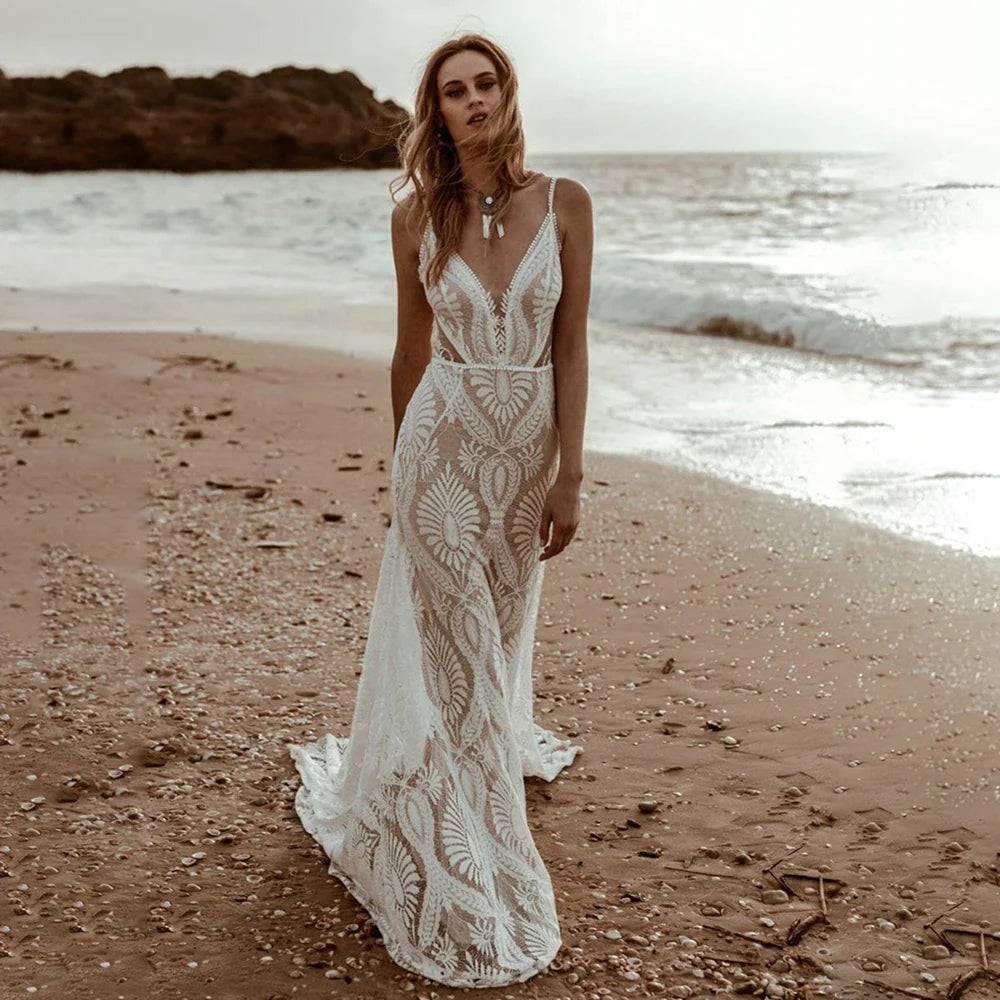 Sexy Lace V Neck Beach Mermaid Wedding Dresses 2023 Spaghetti Straps Sleeveless Bridal Dresses Backless Vestidos De Novia-payinti