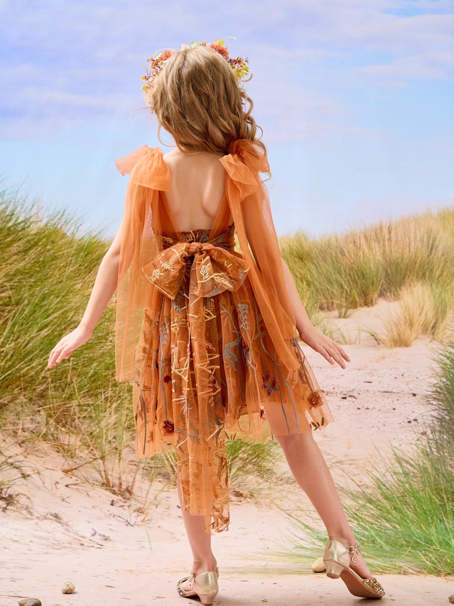 Burnt Orange Lace Tulle Embroidered Toddler Knee Length Flower Girl Dress