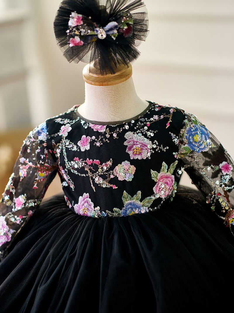 Vestido para niña con volantes, lentejuelas lilas y mangas largas hasta la rodilla