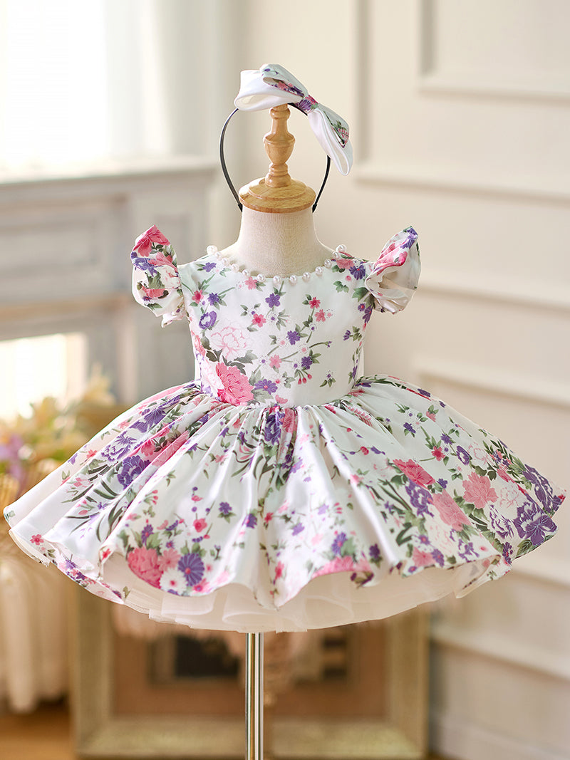 Floral Puff Sleeves Knee-length Baby Girl Dress