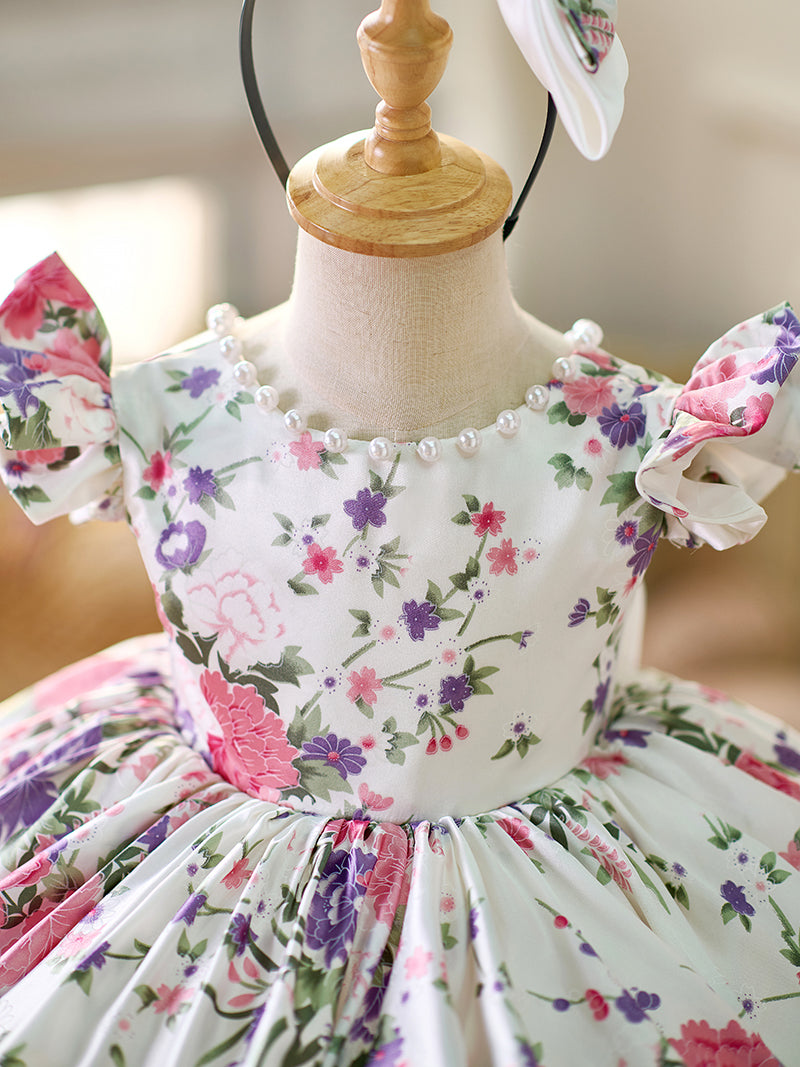 Floral Puff Sleeves Knee-length Baby Girl Dress