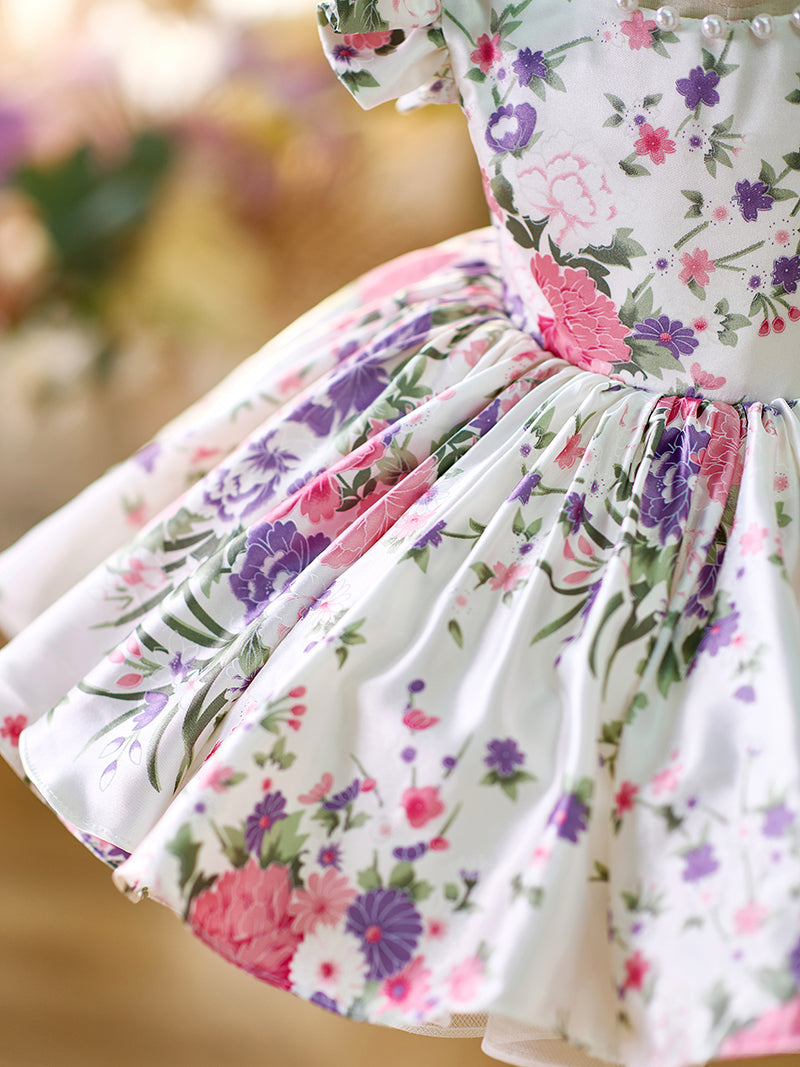 Floral Puff Sleeves Knee-length Baby Girl Dress