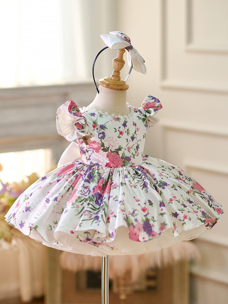 Floral Puff Sleeves Knee-length Baby Girl Dress