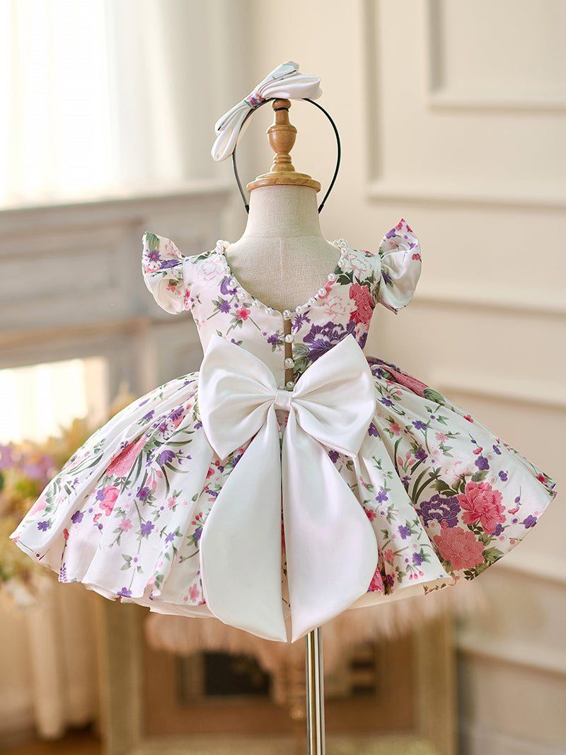 Floral Puff Sleeves Knee-length Baby Girl Dress