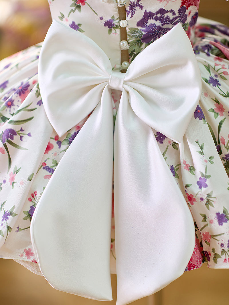 Floral Puff Sleeves Knee-length Baby Girl Dress