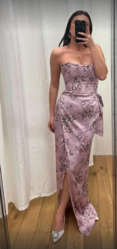 Fuchsia bedrucktes Korsett-Ballkleid aus Satin mit Schlitz vorne und formellem Abendkleid Y8458