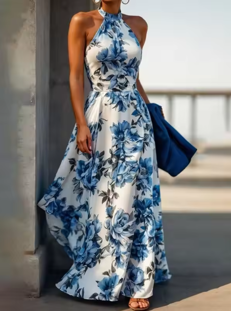 Vestido de noche azul de satén sin mangas con estampado floral y cuello halter, corte A, Y8480