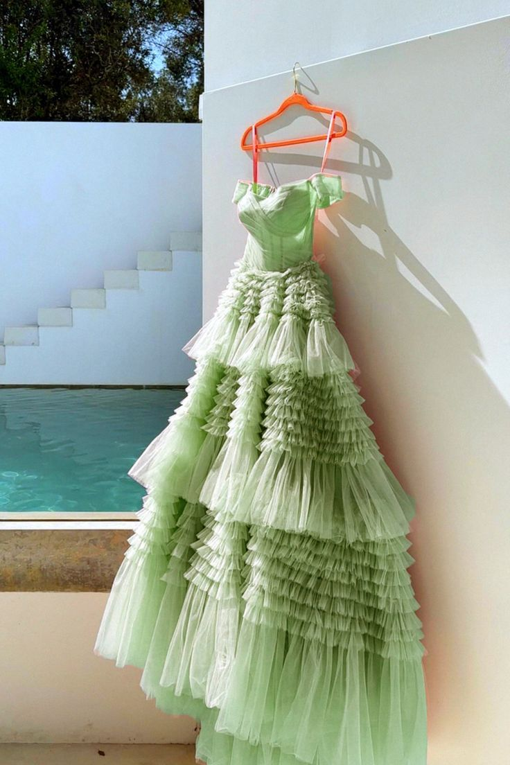 Unique Sage Green Tiered Tulle Ball Gown Dress For Prom Y4500