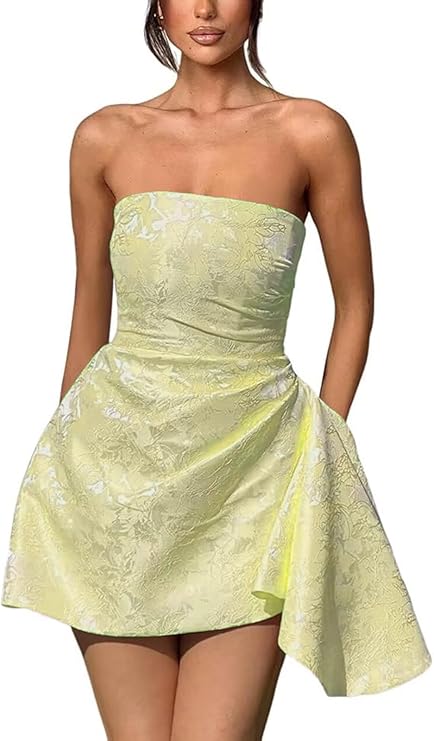 A-Linie, trägerlos, ärmellos, kurzes Heimkehrkleid, Jacquard-Satin, asymmetrisch, Partykleider mit Schnürung