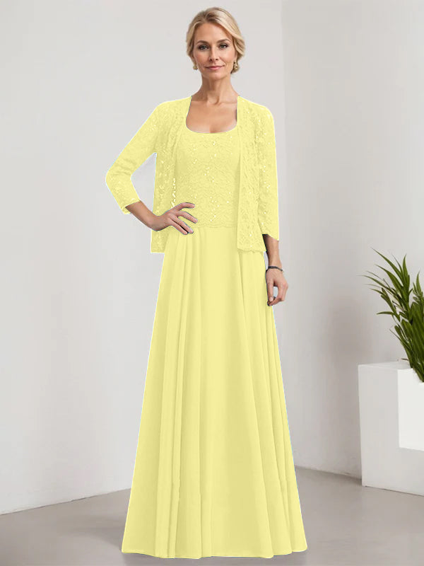 A-Linie Quadratisches Bodenlanges Spitzen-Chiffon-Kleid für die Brautmutter mit Pailletten