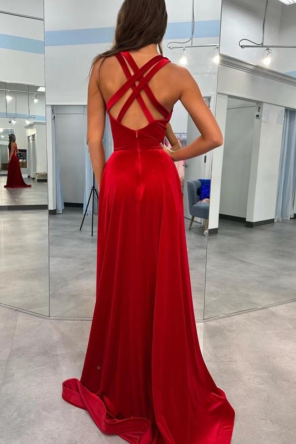 Velvet A-line V-neck Rhinestone Straps Prom Dresses With Slit