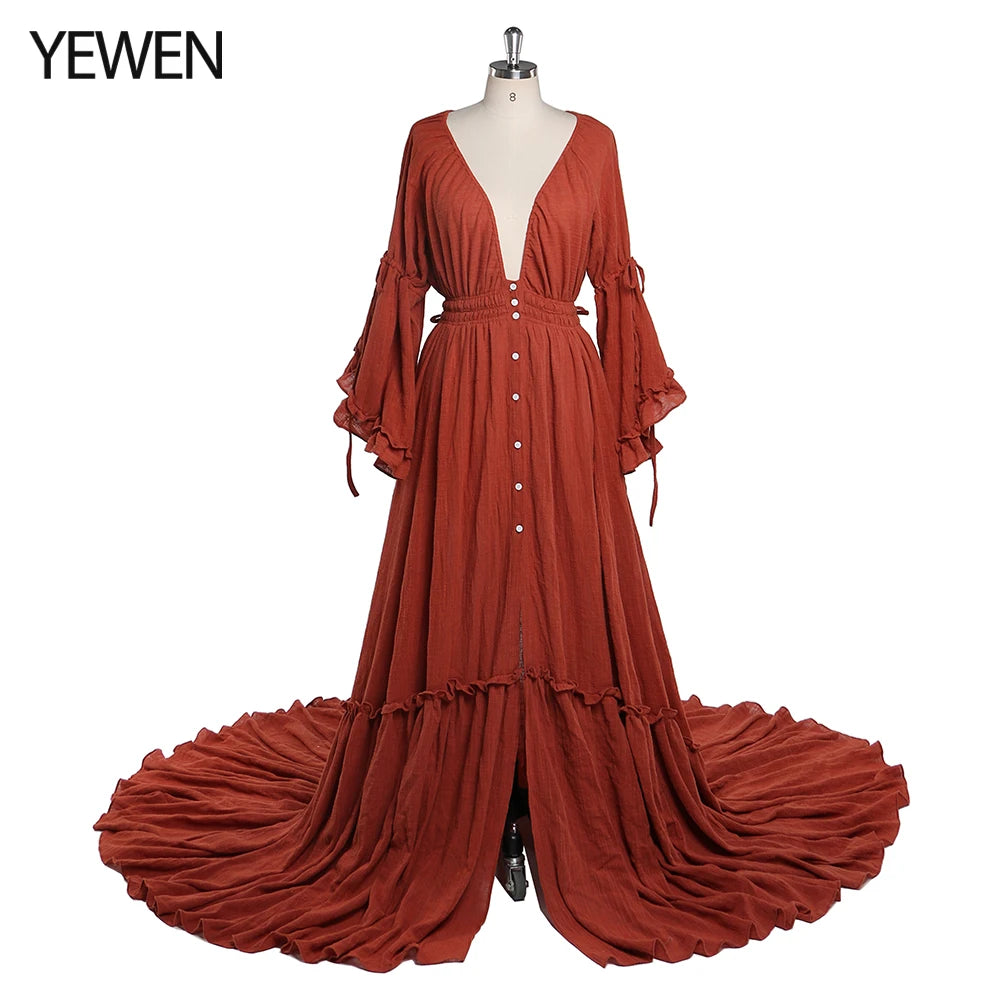 Deep V Neck Long Sleeves Maternity Dresses for Photo Shoot with Front Buttons and Adjustable Waist Sunnderly SY211202
