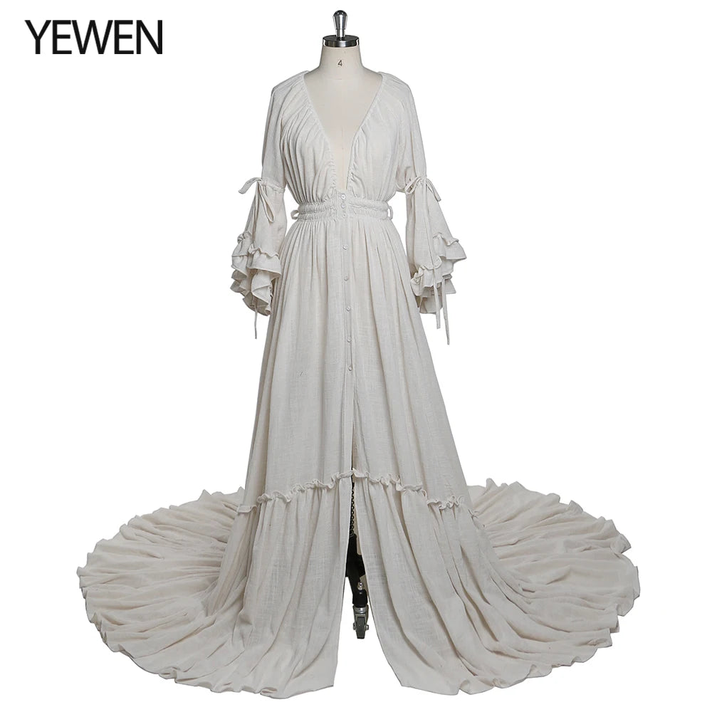 Deep V Neck Long Sleeves Maternity Dresses for Photo Shoot with Front Buttons and Adjustable Waist Sunnderly SY211202