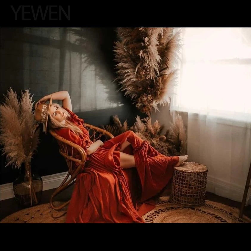 Deep V Neck Long Sleeves Maternity Dresses for Photo Shoot with Front Buttons and Adjustable Waist Sunnderly SY211202