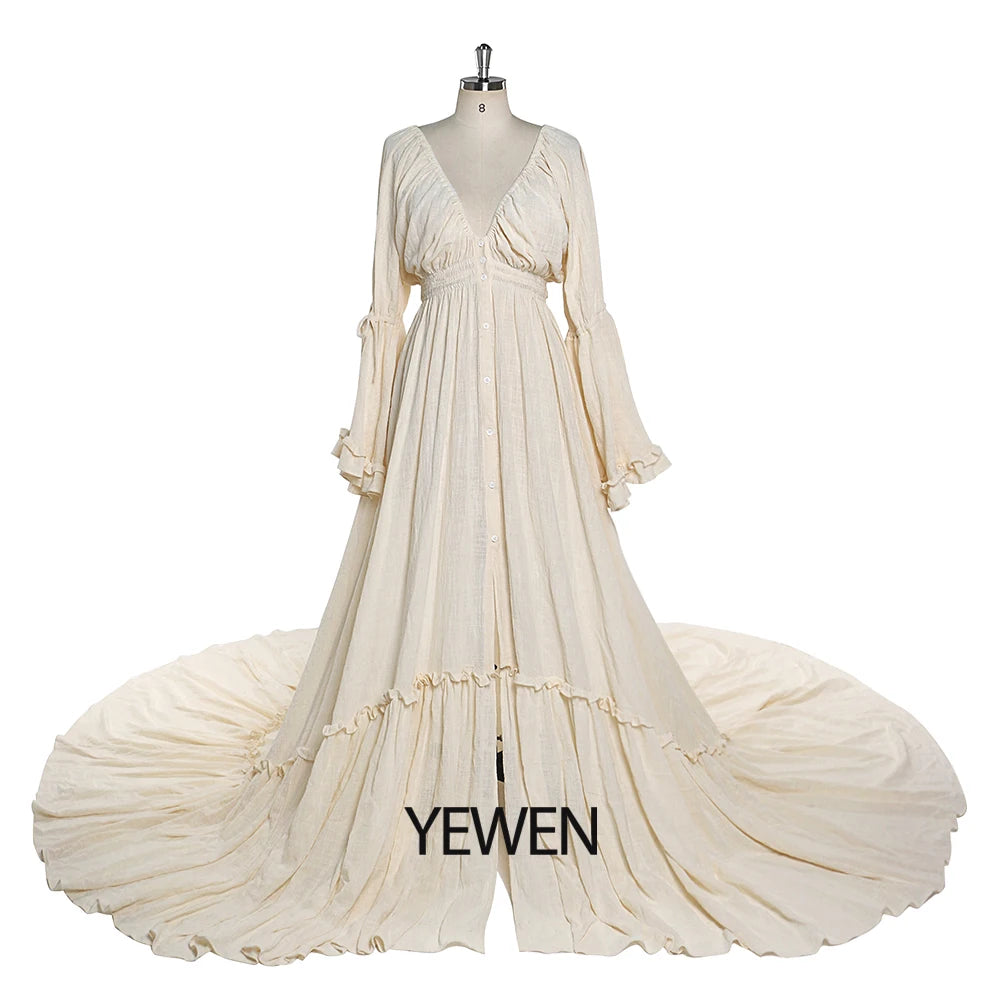 Deep V Neck Long Sleeves Maternity Dresses for Photo Shoot with Front Buttons and Adjustable Waist Sunnderly SY211202