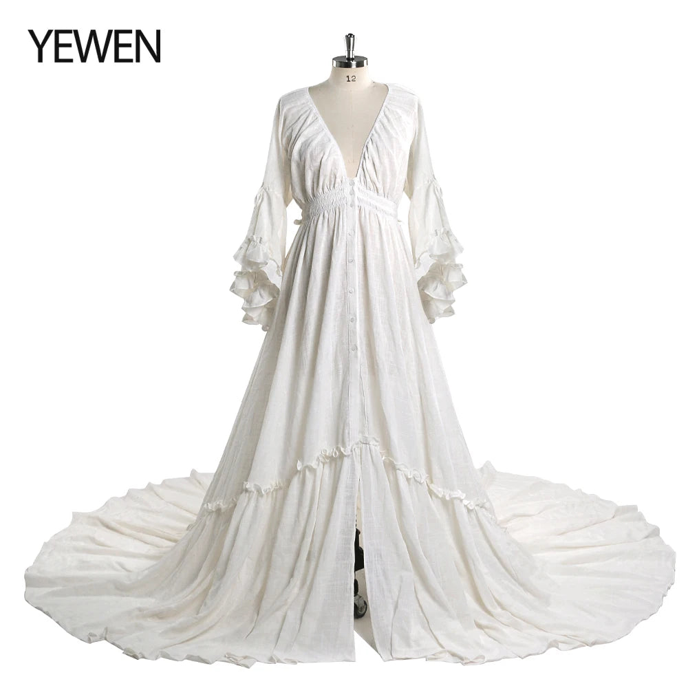 Vestidos de maternidad de manga larga con escote en V profundo para sesión de fotos, botones delanteros y cintura ajustable Sunnderly SY211202