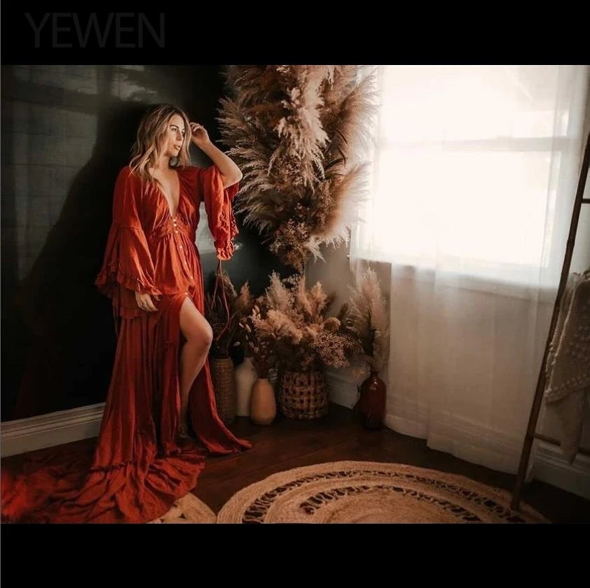 Deep V Neck Long Sleeves Maternity Dresses for Photo Shoot with Front Buttons and Adjustable Waist Sunnderly SY211202