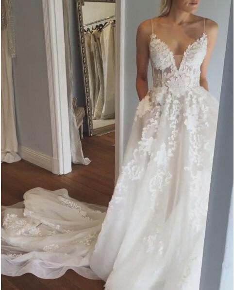 Deep V Neck Spaghetti Straps Beach Wedding Dress Bridal Gown WD556