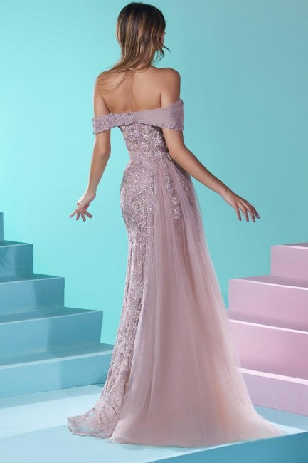 Vestido de fiesta de tul con encaje y cuentas, estilo sirena, hombros descubiertos y diseño de diseñador