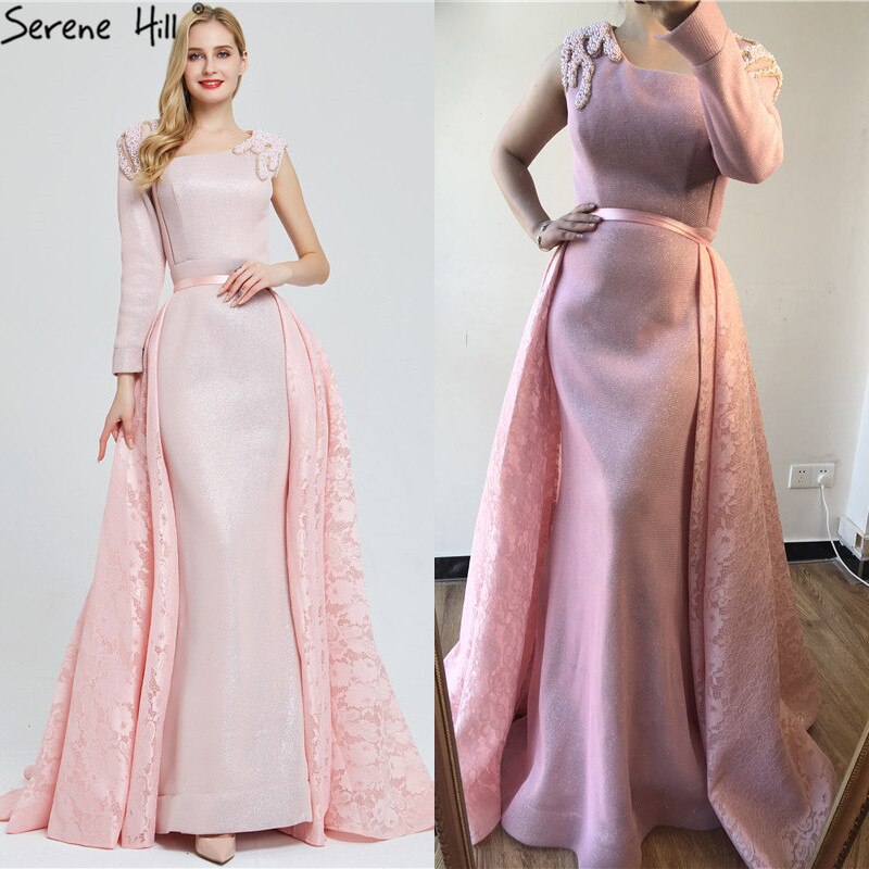 En oferta, sin devolución ni reembolso. Venta Du Bai Design - Vestidos de noche rosas de un solo hombro con perlas vintage, vestidos de sirena sexys 2025. Foto real LA60929.